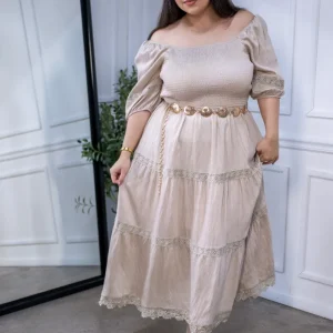 Maxi Vestido Curvy Escote Cuadrado Resorte Manga Abullonada Beige