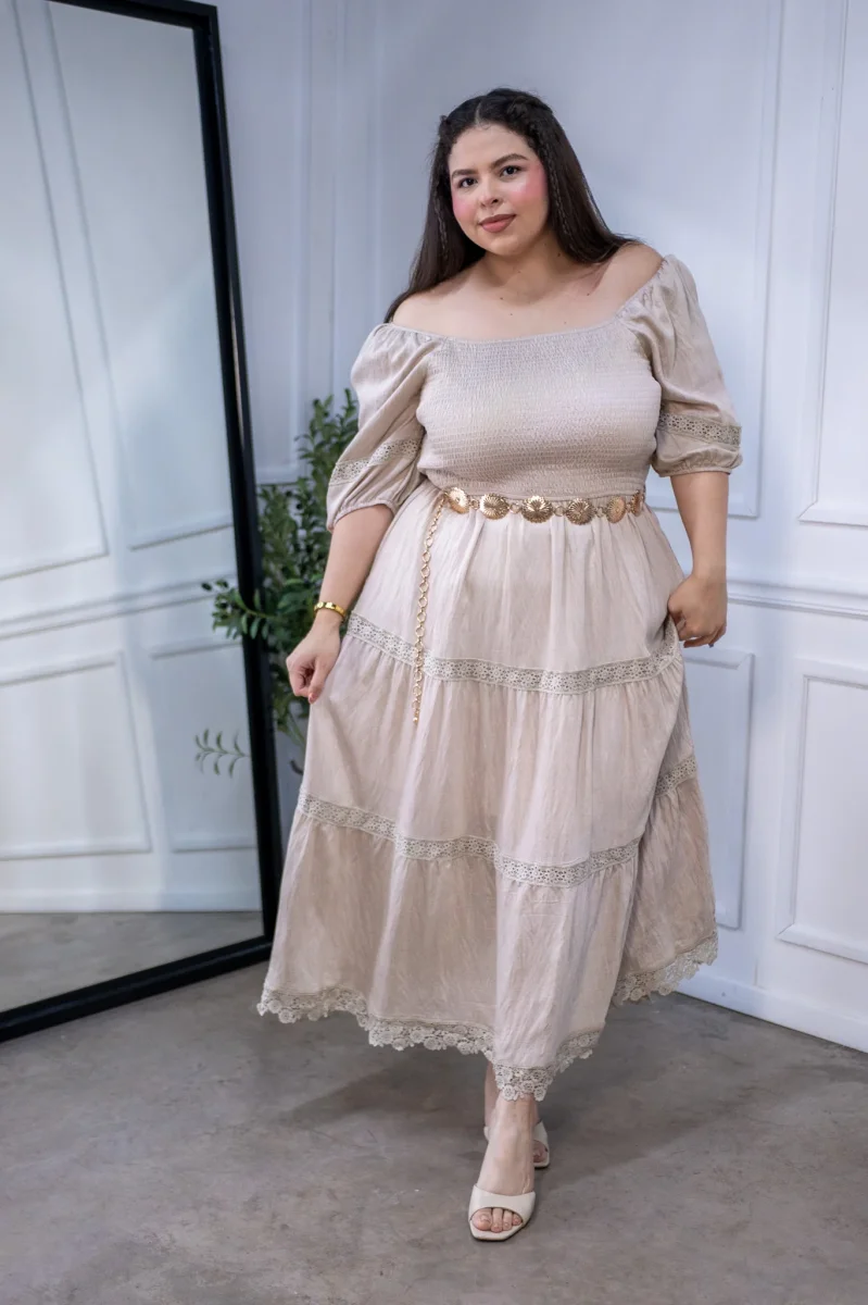 Maxi Vestido Curvy Escote Cuadrado Resorte Manga Abullonada Beige - Imagen 2