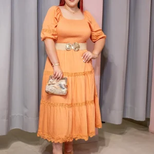 Maxi Vestido Curvy Escote Cuadrado Resorte Manga Abullonada Encaje Naranja