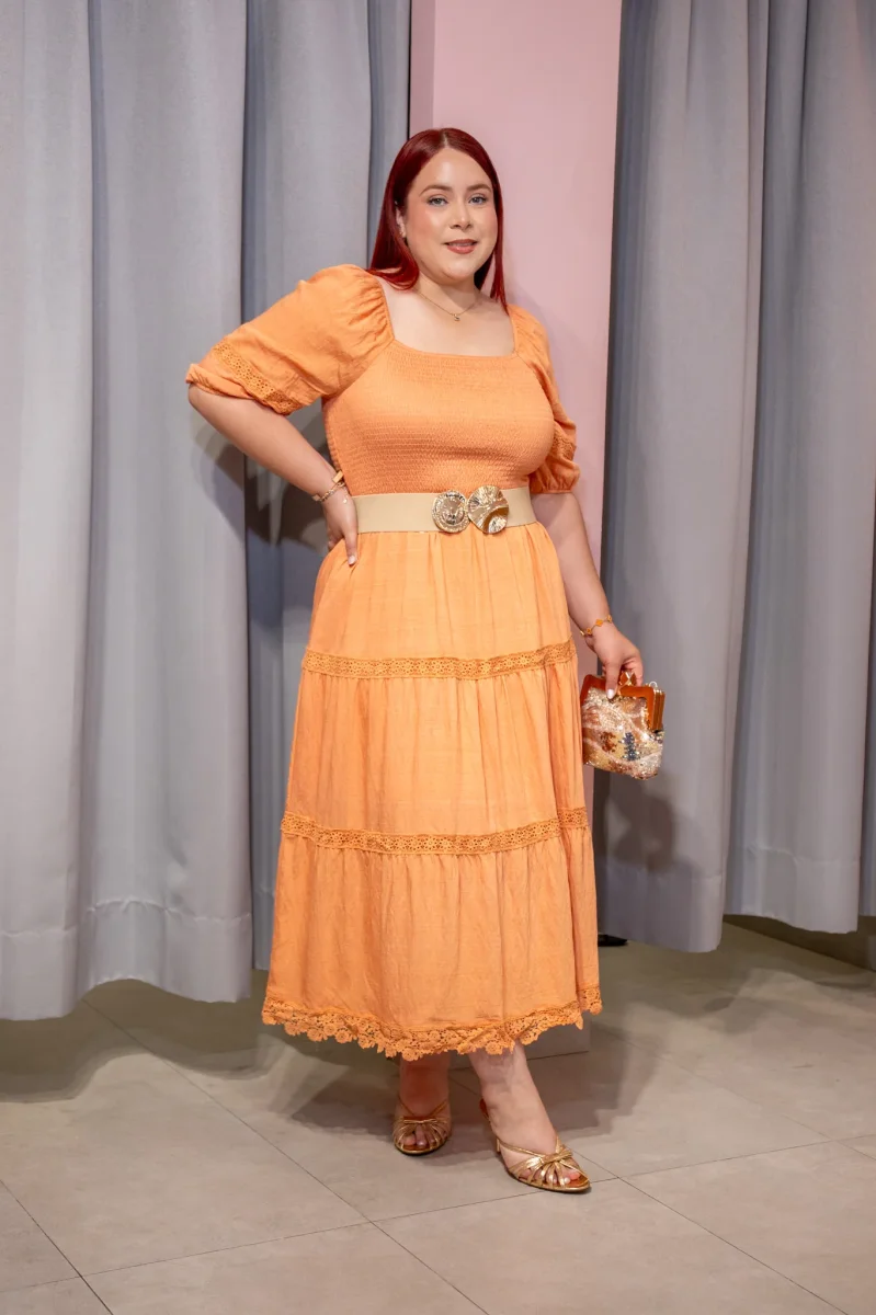 Maxi Vestido Curvy Escote Cuadrado Resorte Manga Abullonada Encaje Naranja - Imagen 4