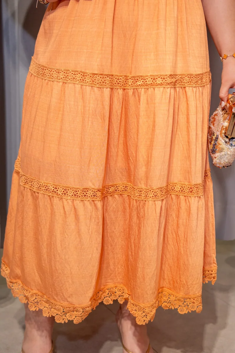 Maxi Vestido Curvy Escote Cuadrado Resorte Manga Abullonada Encaje Naranja - Imagen 6