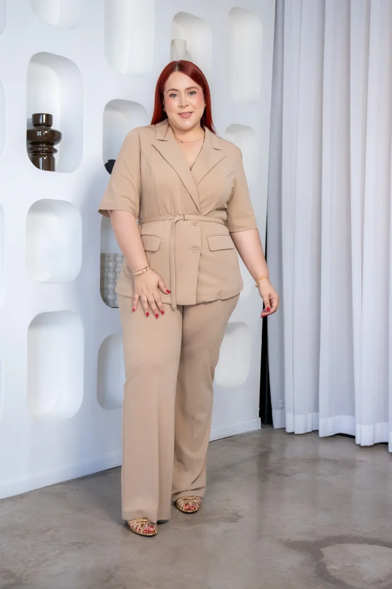 Set Curvy Blazer Solapa + Pant Wide Formal Beige - Imagen 8
