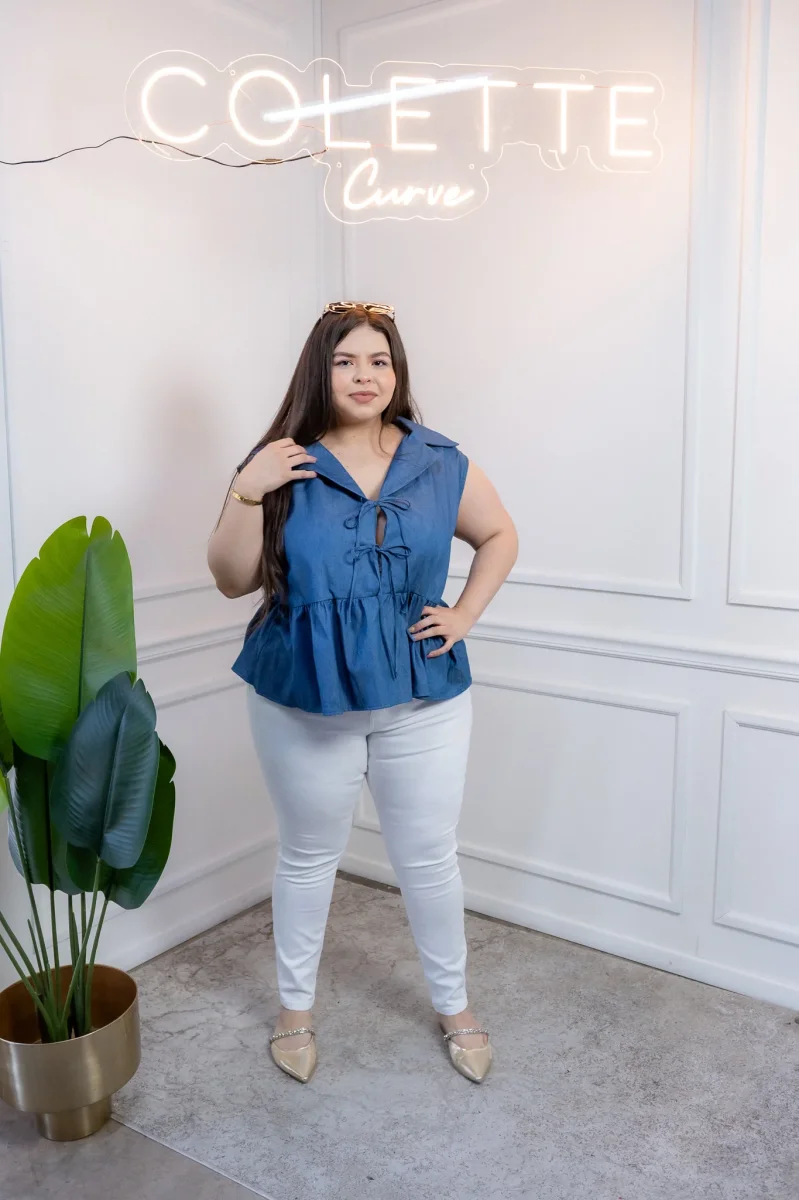 Blusa Curvy Mezclilla Peplum con Nudos Casual Juvenil - Imagen 6