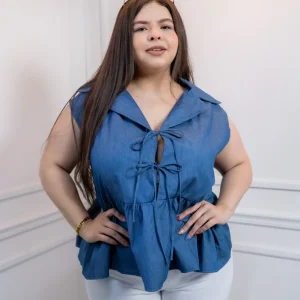Blusa Curvy Mezclilla Peplum con Nudos Casual Juvenil