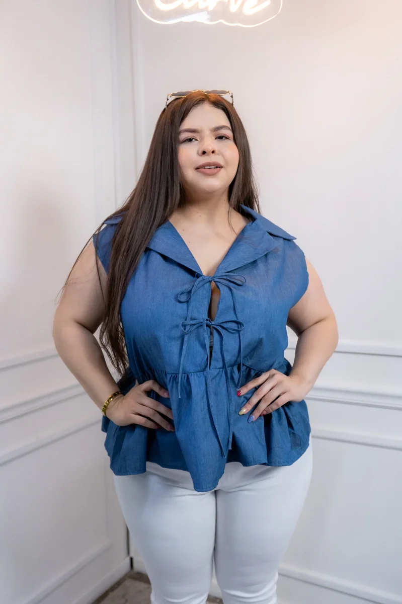 Blusa Curvy Mezclilla Peplum con Nudos Casual Juvenil - Imagen 2