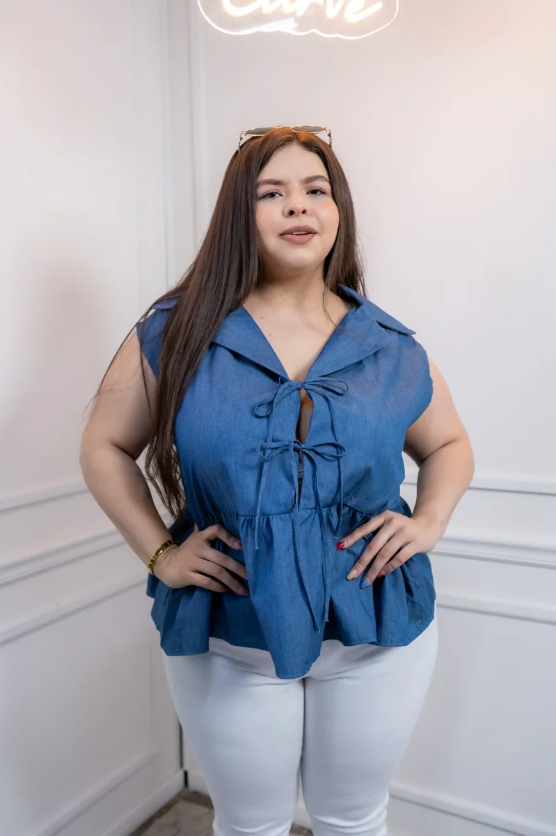 Blusa Curvy Mezclilla Peplum con Nudos Casual Juvenil - Imagen 7