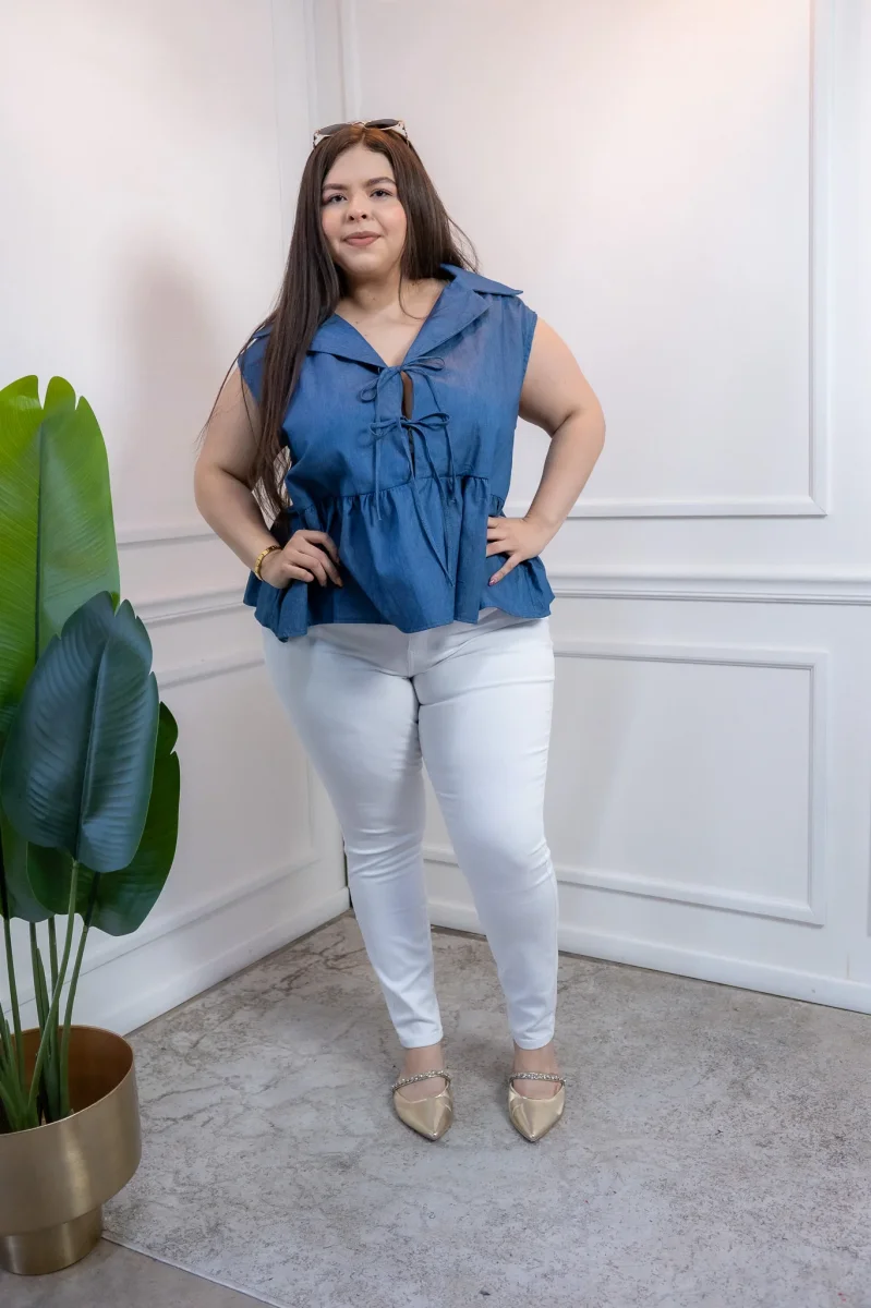 Blusa Curvy Mezclilla Peplum con Nudos Casual Juvenil - Imagen 9
