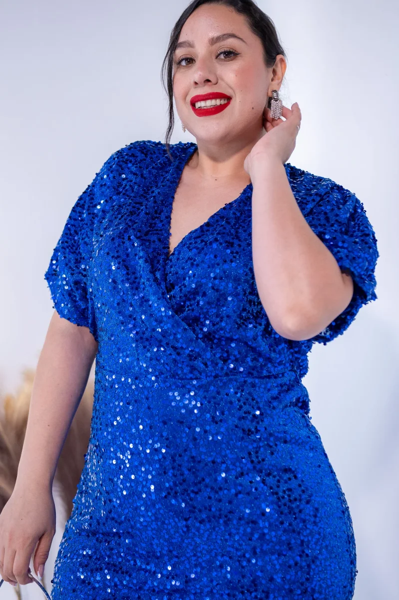 Vestido Curvy Lentejuela Azul Fiesta Brillo - Imagen 3