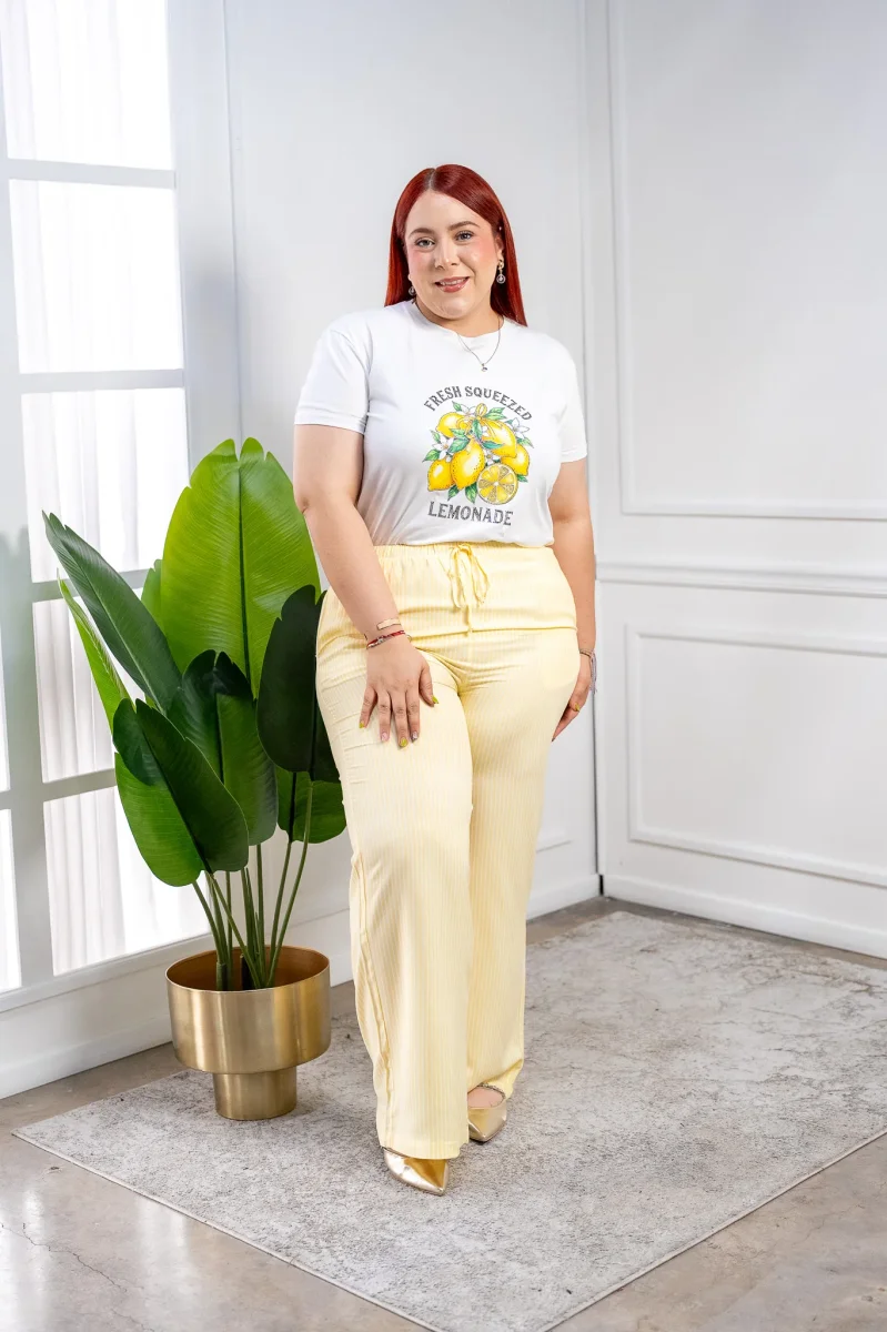 Pantalón Curvy Casual Amarillo con Rayas Verticales Estilizador
