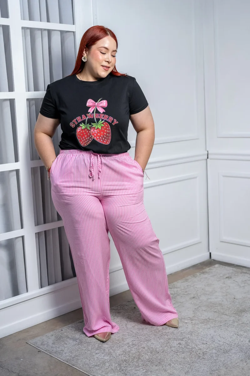 Pantalón Palazzo Curvy Rosa Rayas Verticales Cintura Elástica - Imagen 7