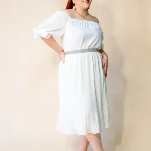 Vestido Plisado Curvy Liso Blanco Elegante
