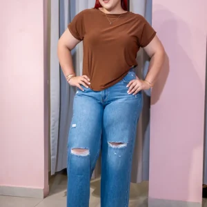 Jeans Curvy Wide Leg Cintura Alta Roto Azul Denim Claro