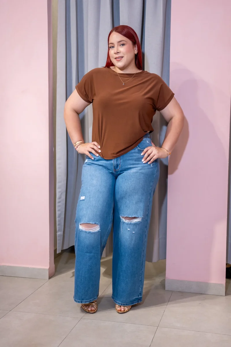 Jeans Curvy Wide Leg Cintura Alta Roto Azul Denim Claro