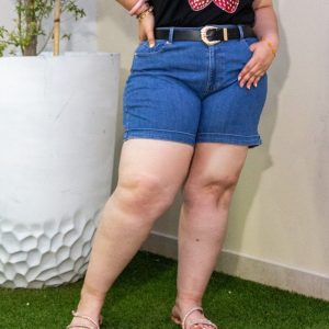 Short Curvy Mezclilla Liso Cintura Alta Azul Medio