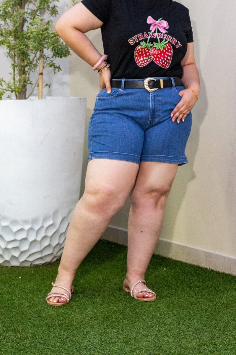 Short Curvy Mezclilla Liso Cintura Alta Azul Medio