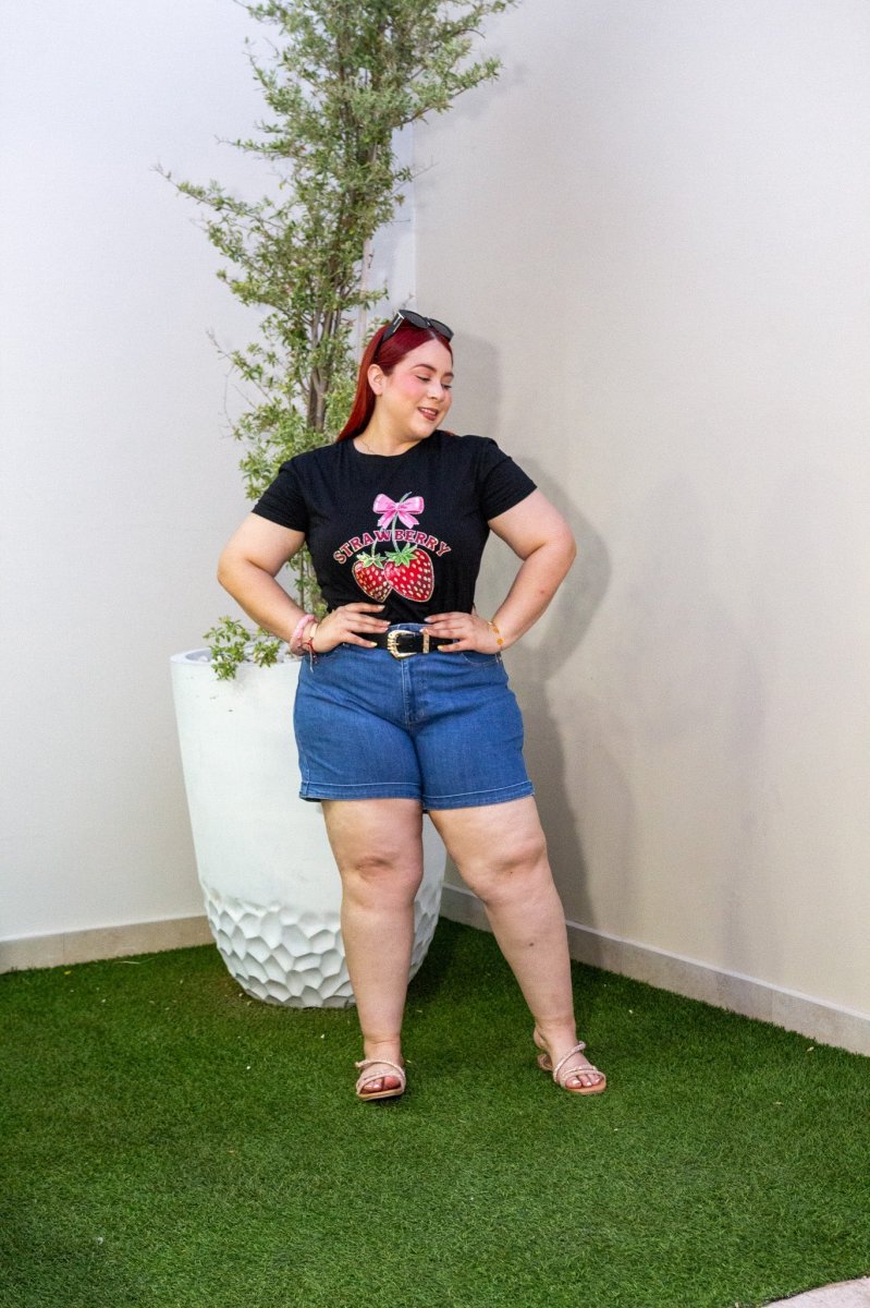 Short Curvy Mezclilla Liso Cintura Alta Azul Medio - Imagen 5
