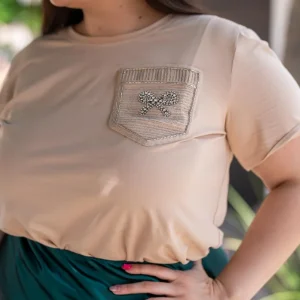 Blusa Cuello Redondo Detalle Moño Curvy Beige Algodón