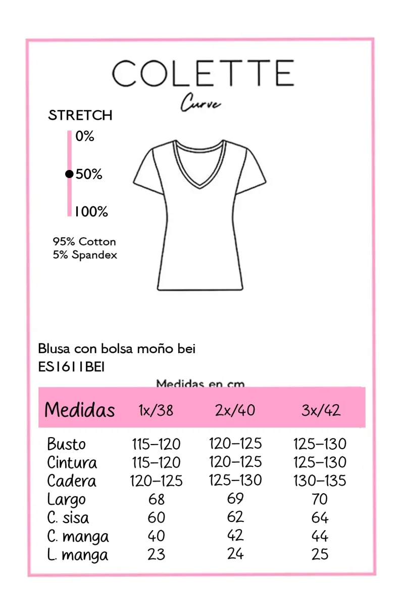 Blusa Cuello Redondo Detalle Moño Curvy Beige Algodón - Imagen 4