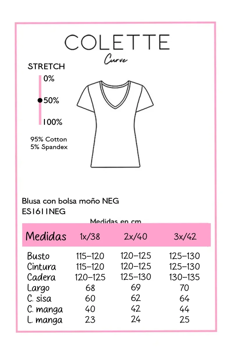 Blusa Curvy Bolsillo Moño Pedrería Negro - Imagen 3