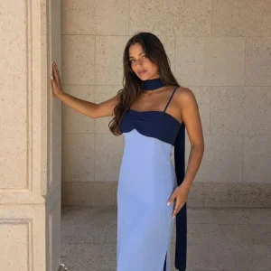 Vestido Largo Drapeado Bicolor