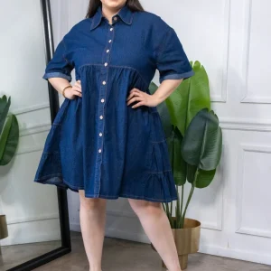 Vestido Corto Curvy Camisero Denim Oscuro