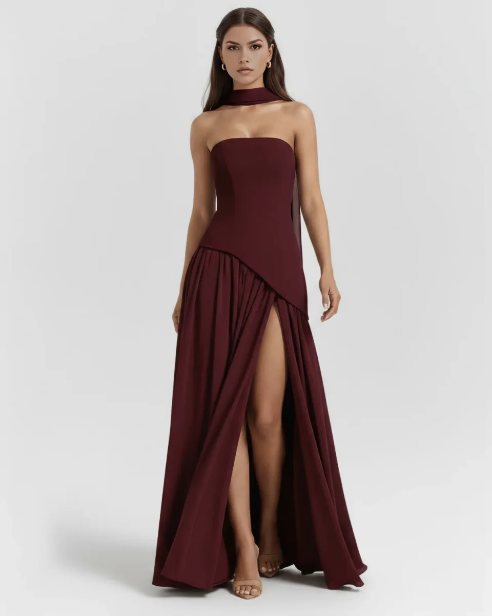 Vestido largo palabra de honor con abertura - Imagen 2