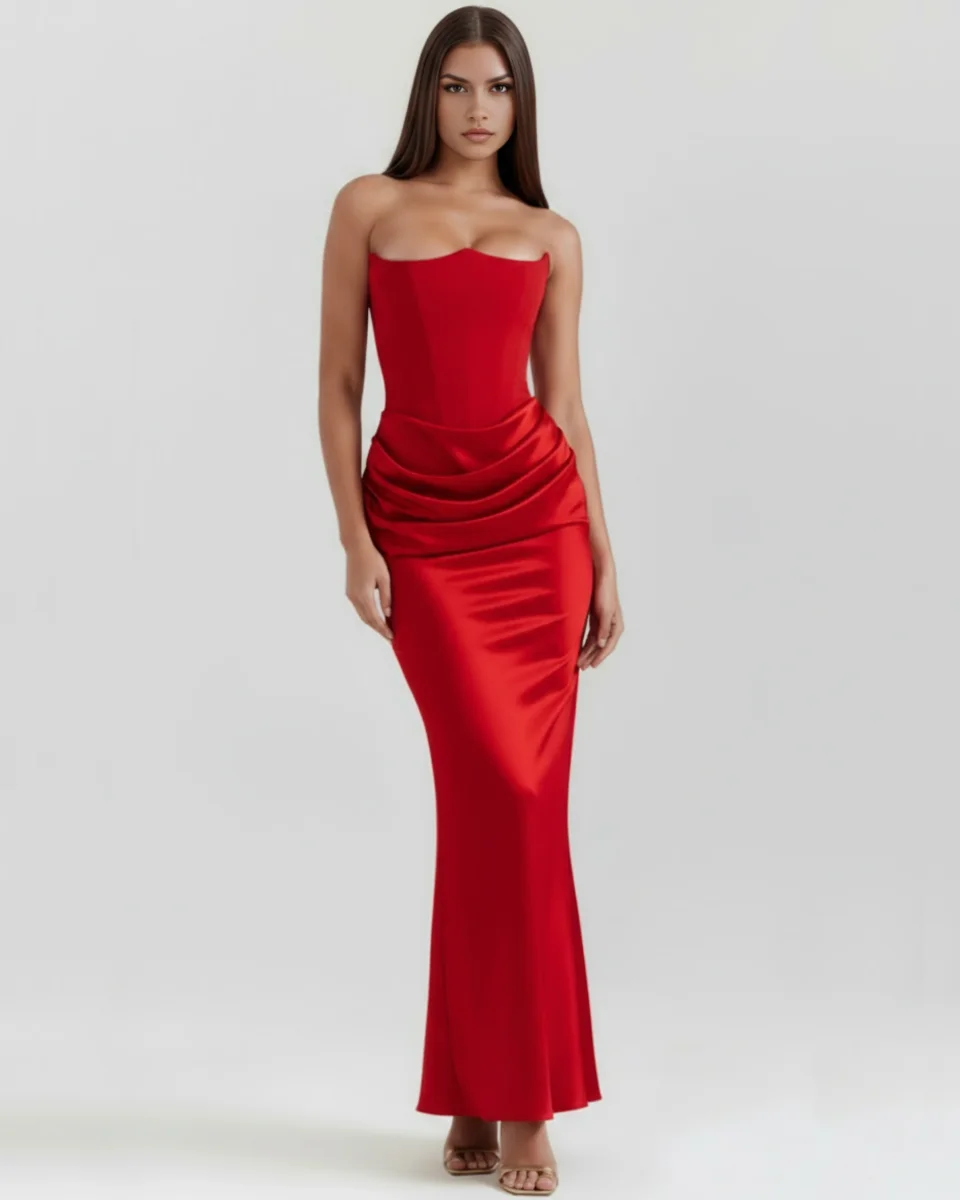 Vestido largo satinado con escote palabra de honor - Imagen 3