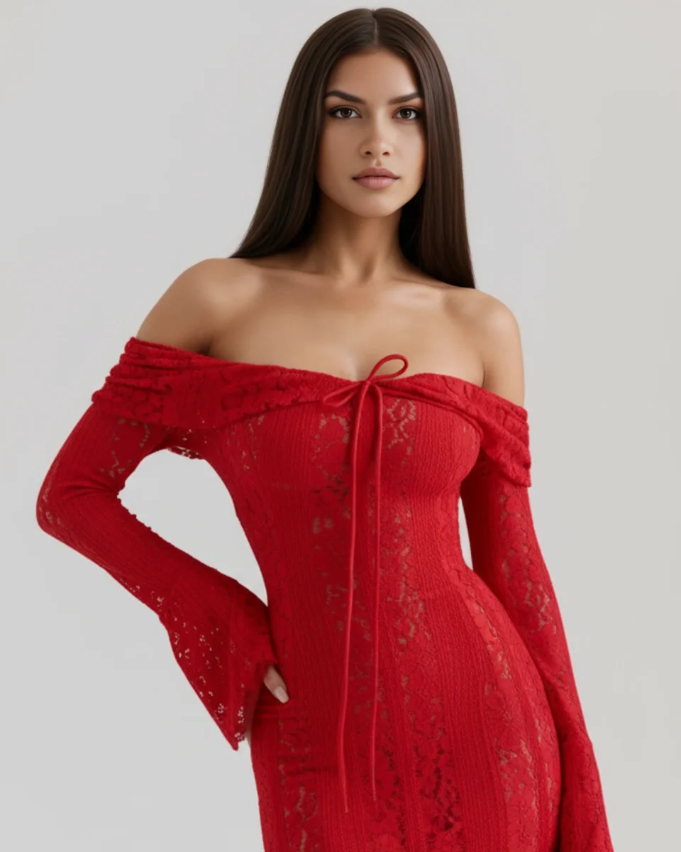 Vestido largo de encaje con escote bardot - Imagen 4