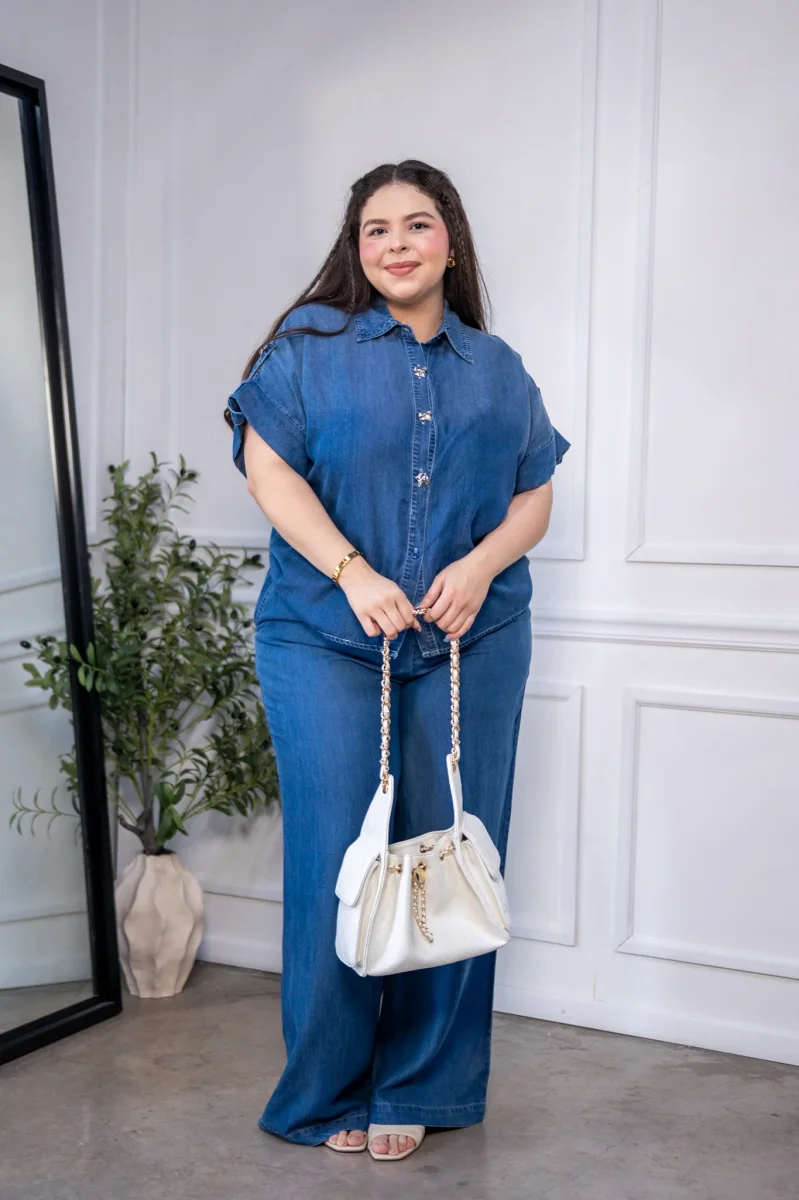 Set Camisa y Pantalon Wide Leg Curvy Liso Denim Oscuro - Imagen 6