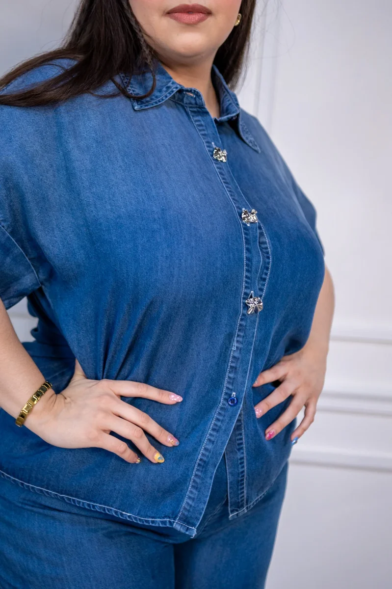 Set Camisa y Pantalon Wide Leg Curvy Liso Denim Oscuro - Imagen 7