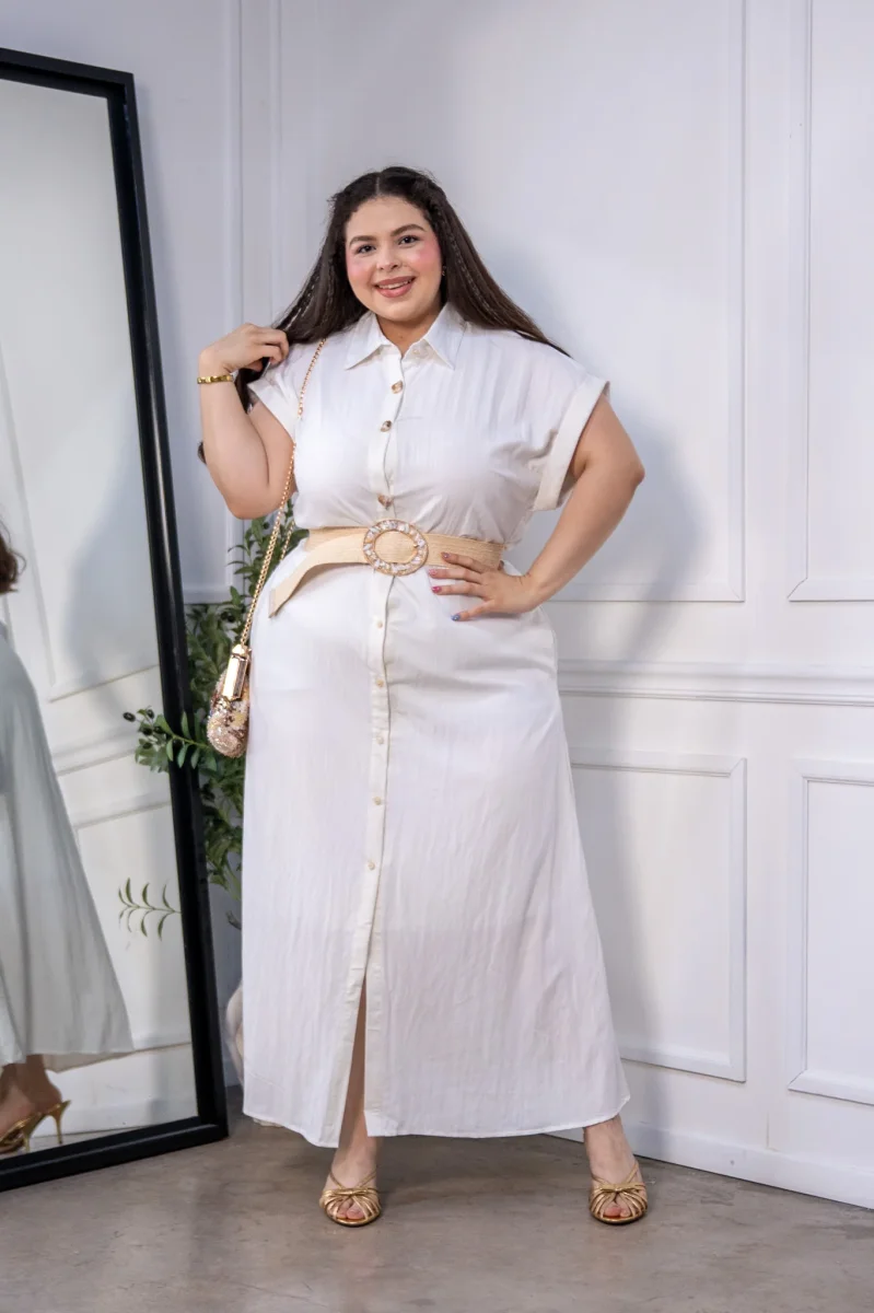 Maxi Vestido Camisero Curvy Manga Corta Botones Ivory - Imagen 4