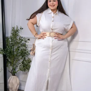 Maxi Vestido Camisero Curvy Manga Corta Botones Ivory