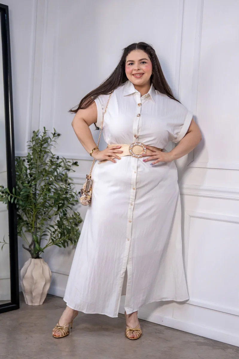 Maxi Vestido Camisero Curvy Manga Corta Botones Ivory - Imagen 2
