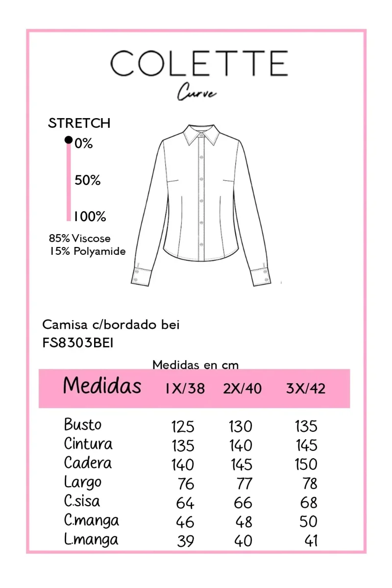 Camisa Curvy Manga Larga con Bordado Beige - Imagen 3