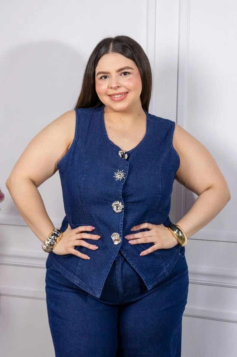 Set Curvy Chaleco y Pantalón Ancho Denim Oscuro - Imagen 7