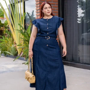 Maxi Vestido Curvy Denim Camisero con Cinto Oscuro