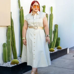 Vestido Maxi Camisero Curvy Sin Mangas Botones Dorados Beige