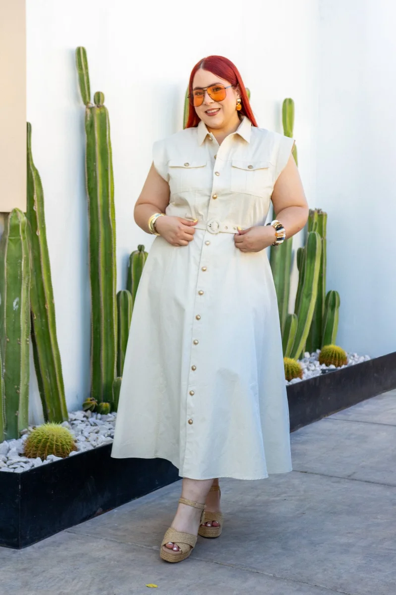 Vestido Maxi Camisero Curvy Sin Mangas Botones Dorados Beige - Imagen 6