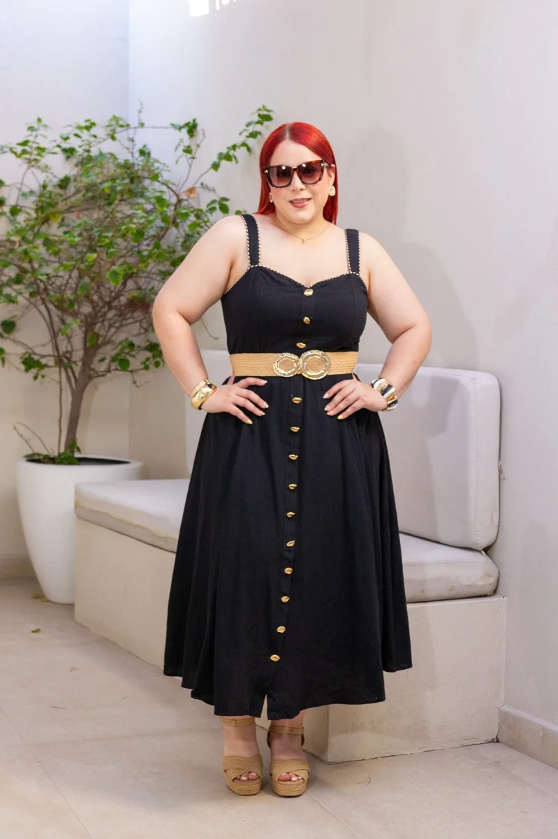 Maxi Vestido Curvy Tirantes Botones Dorados Sweetheart Negro - Imagen 6