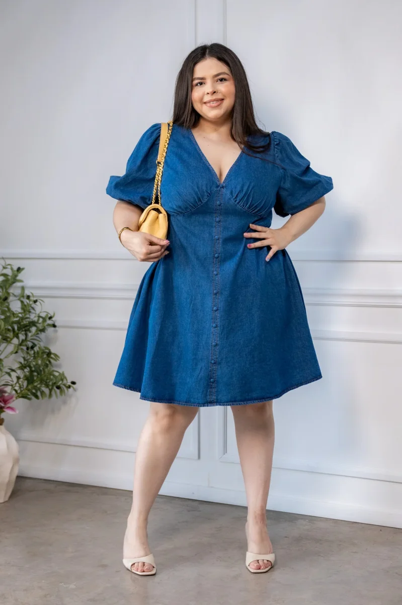 Vestido Denim Curvy Manga Globo Escote V - Imagen 5