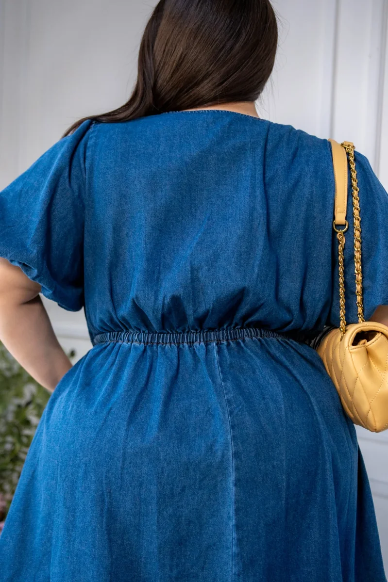 Vestido Denim Curvy Manga Globo Escote V - Imagen 8