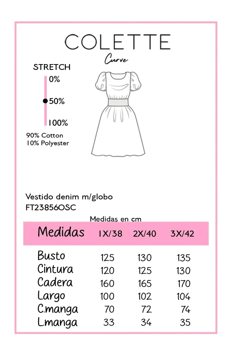 Vestido Denim Curvy Manga Globo Escote V - Imagen 3