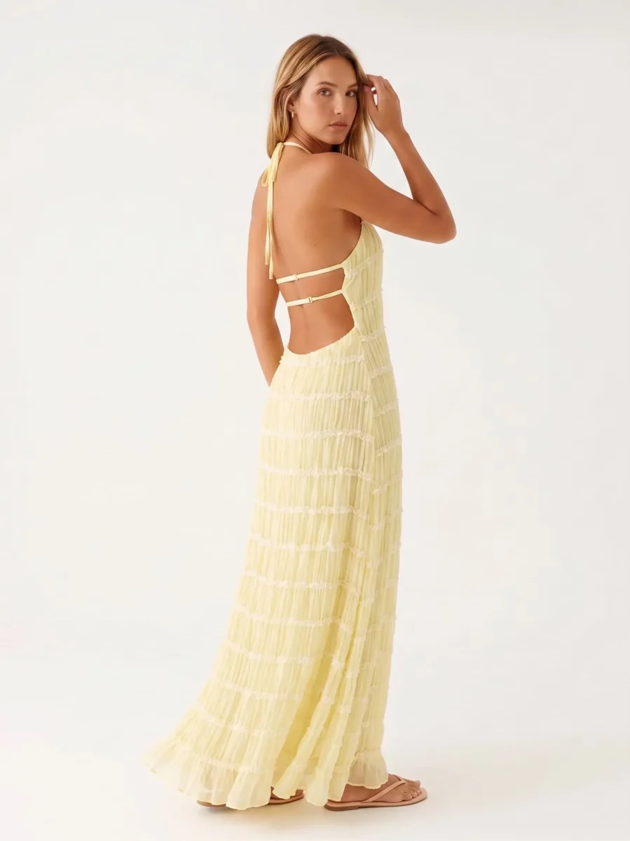 Vestido largo halter con textura plisada - Imagen 9