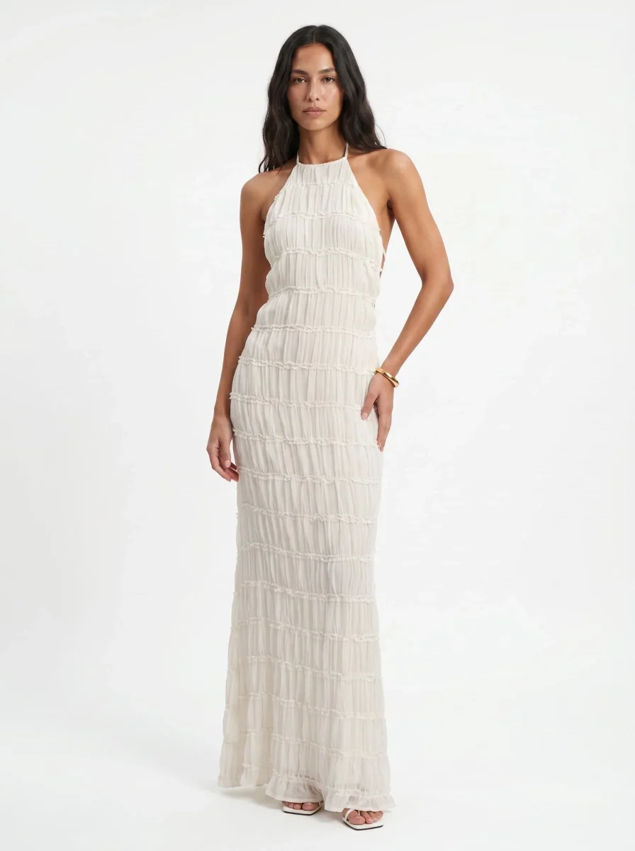 Vestido largo halter con textura plisada - Imagen 2
