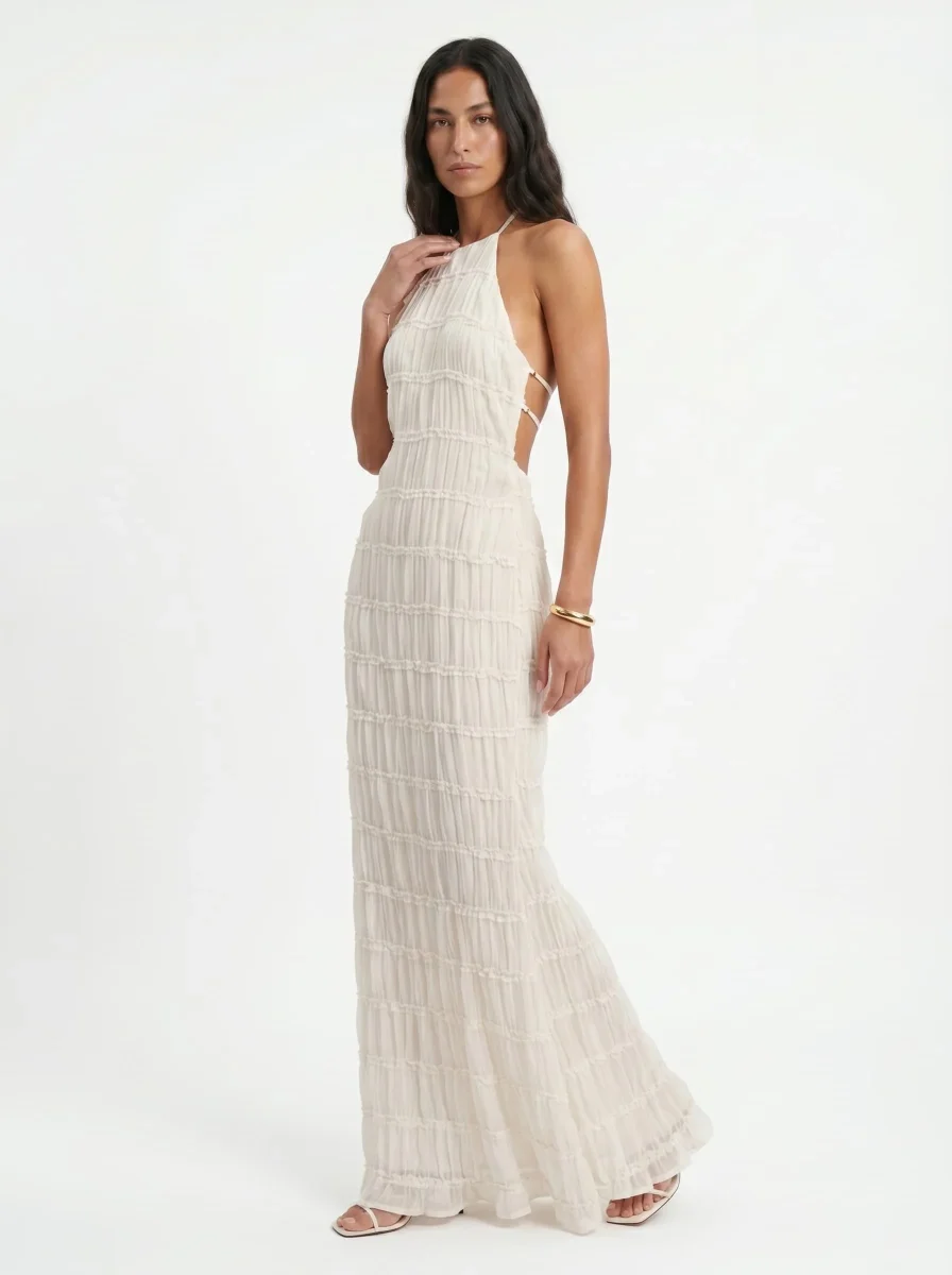 Vestido largo halter con textura plisada - Imagen 3