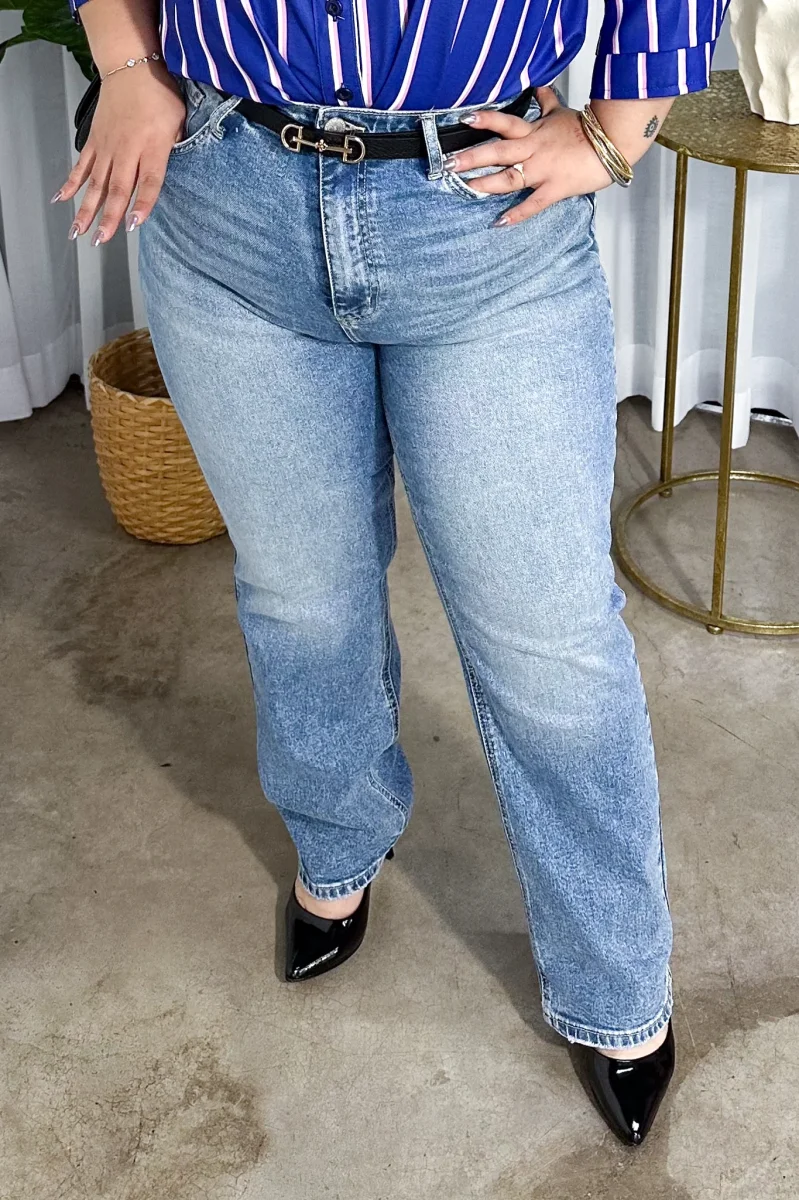 Jeans Curvy Recto Liso Claro Deslavado Casual Estiliza - Imagen 4