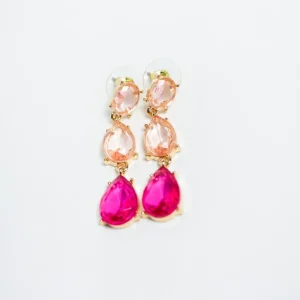 Aretes Colgantes Piedras Rosa y Fucsia Engaste Dorado