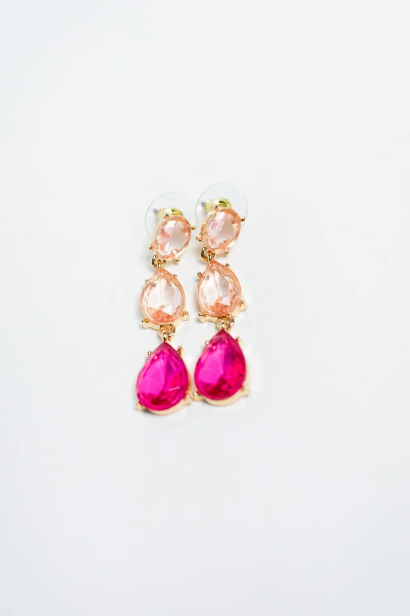 Aretes Colgantes Piedras Rosa y Fucsia Engaste Dorado