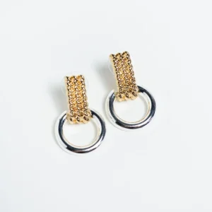 Aretes Colgantes Cadena Aro Bicolor Dorado Plata