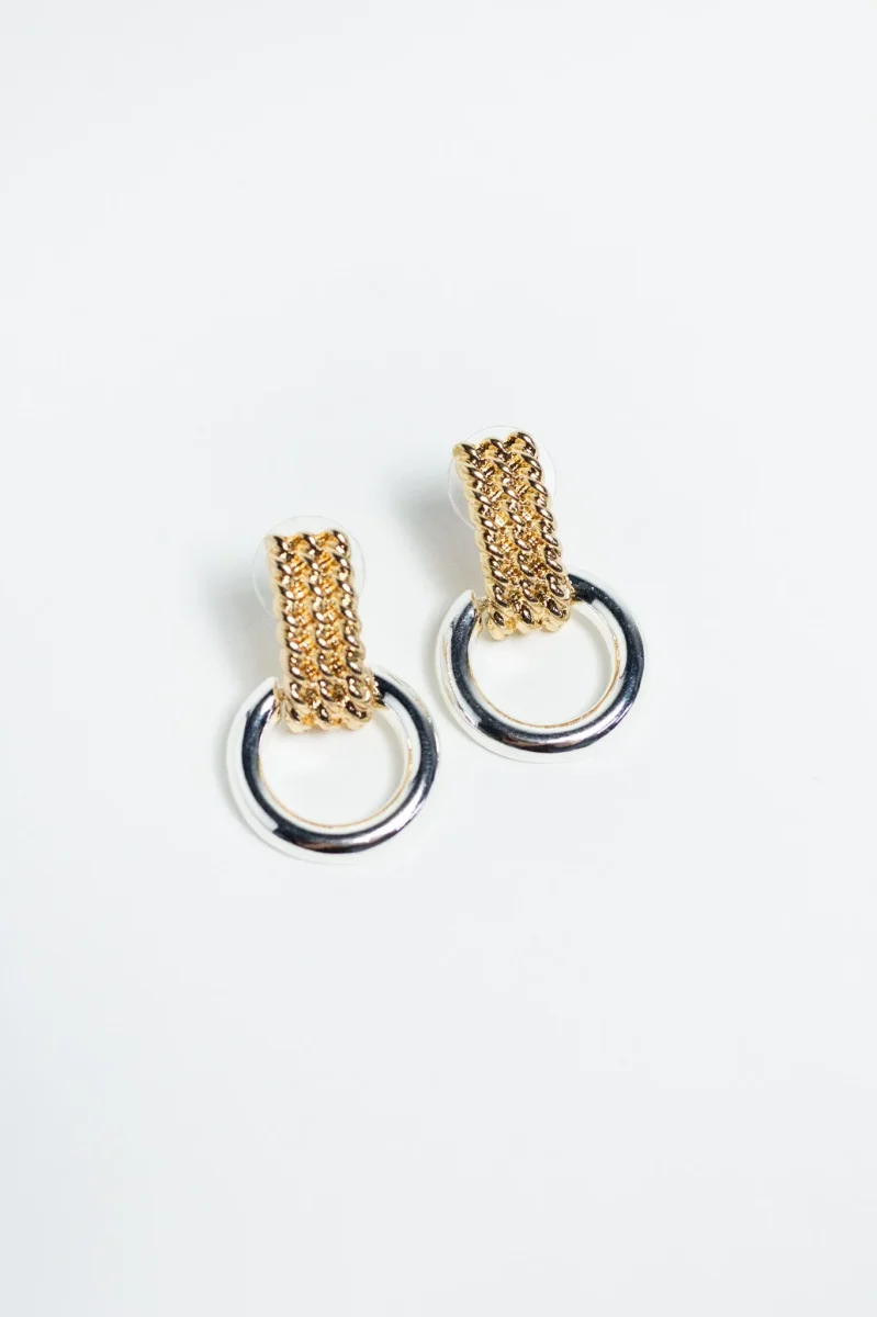 Aretes Colgantes Cadena Aro Bicolor Dorado Plata